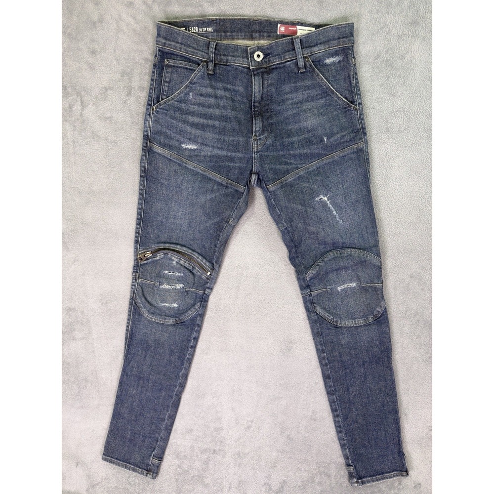G Star Raw Jeans Mens 32x32 Blue 5620 3D Zip Knee Skinny Distressed Stretch Moto
